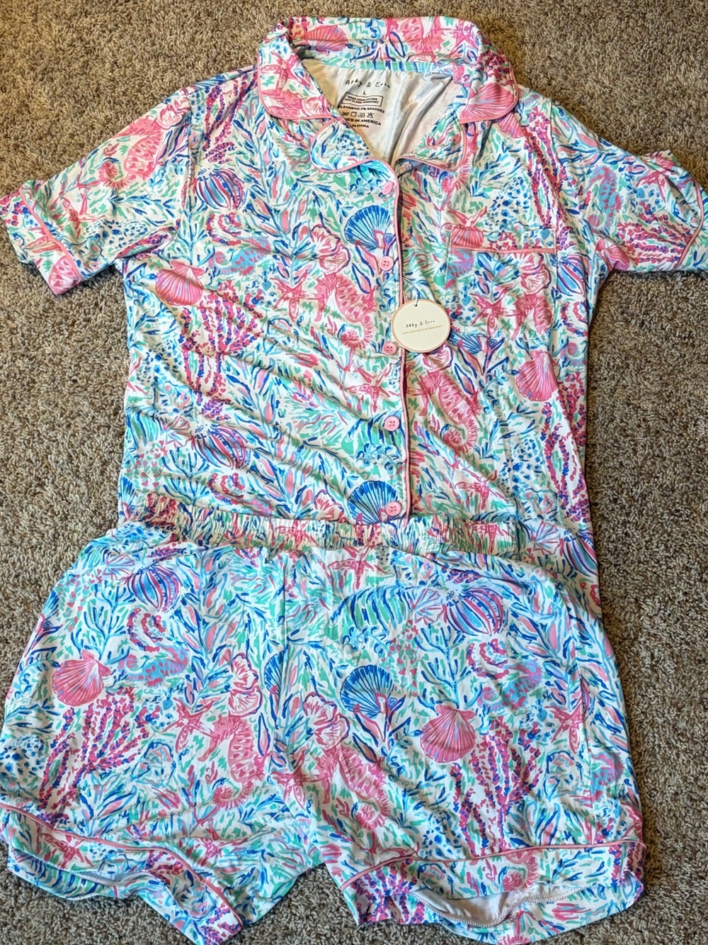Women’s Bamboo Pajama Set with Seashell Print - Pink & Blue NWT